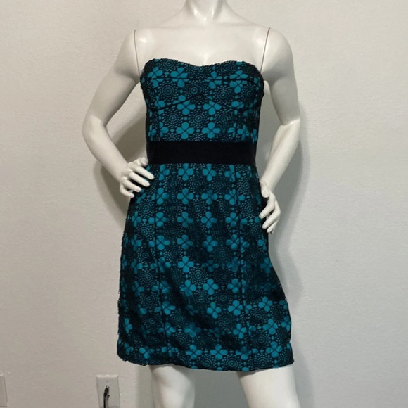 Cynthia Steffe Britney Silk Crochet Dress Turquoise Black Size 10 - Picture 1 of 10